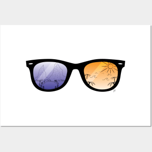 Sunglasses with Beach and Mountains Orange and Blue Posters and Art